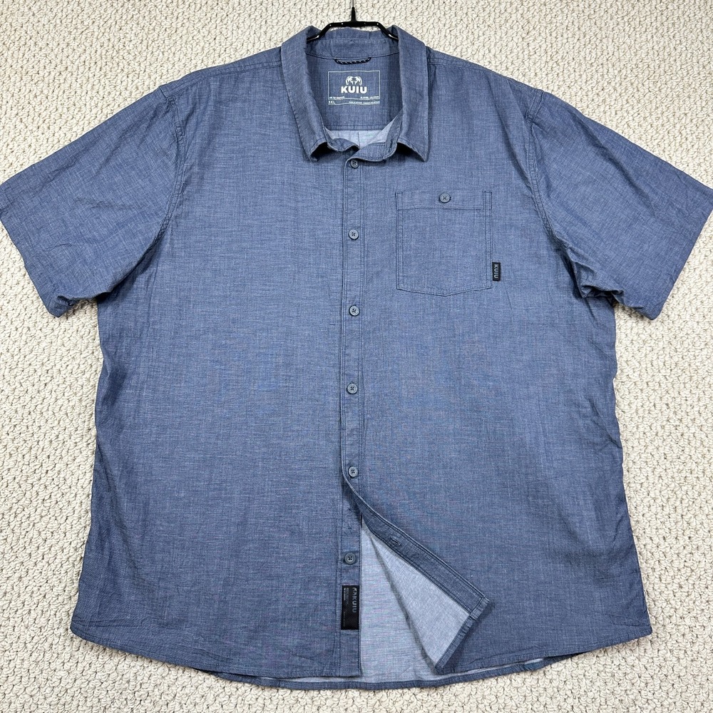 KUIU Terrace Shirt Mens 3XL Blue Chambray Button Up Short Sleeve Stretch Outdoor